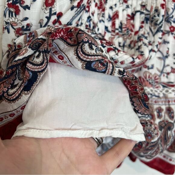JOA Red Boho Print Pleated High Neck Lace Inset Blouse Size Small - Picture 7 of 9